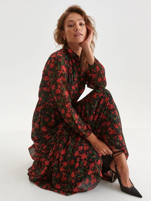 TOP SECRET Červeno-čierne košeľové maxi šaty TOP SECRET