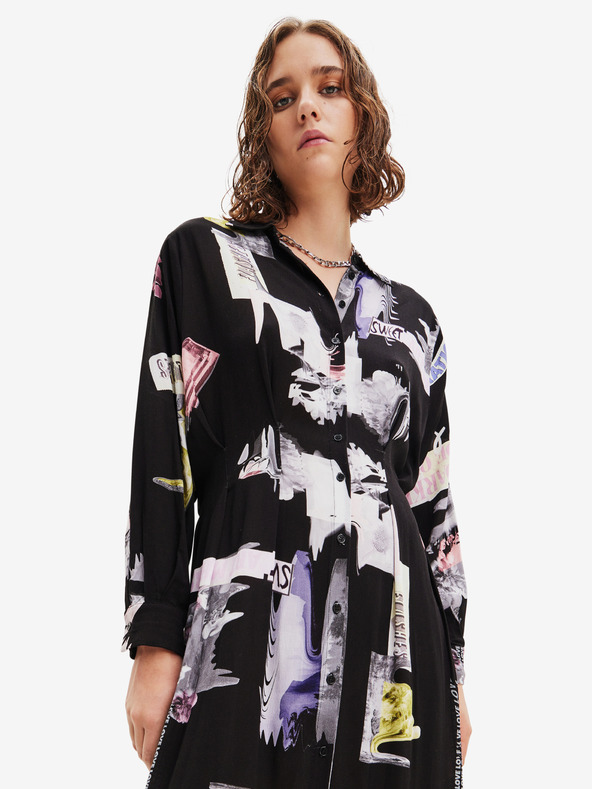 Desigual Čierne dámske vzorované košeľové midi šaty Desigual Percy