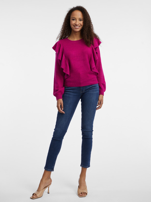 Orsay Tmavo ružový dámsky sveter s volánmi ORSAY