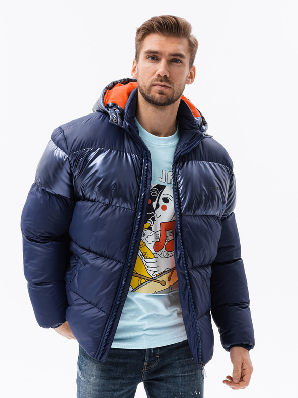 Ombre Clothing Tmavomodrá pánska prešívaná zimná bunda s kapucňou Ombre Clothing
