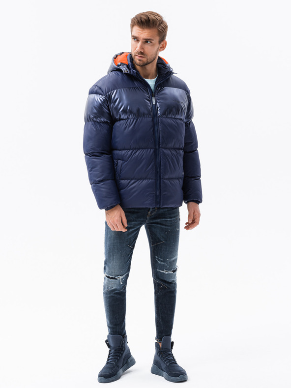 Ombre Clothing Tmavomodrá pánska prešívaná zimná bunda s kapucňou Ombre Clothing