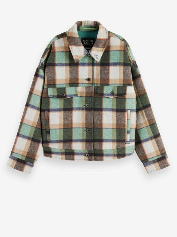 Scotch & Soda Zelený dámsky károvaný ľahký kabát Scotch & Soda so zmesou vlny