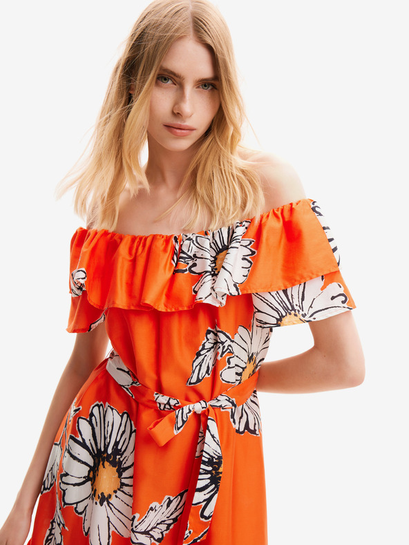 Desigual Oranžové dámske kvetinové midi šaty Desigual Georgeo