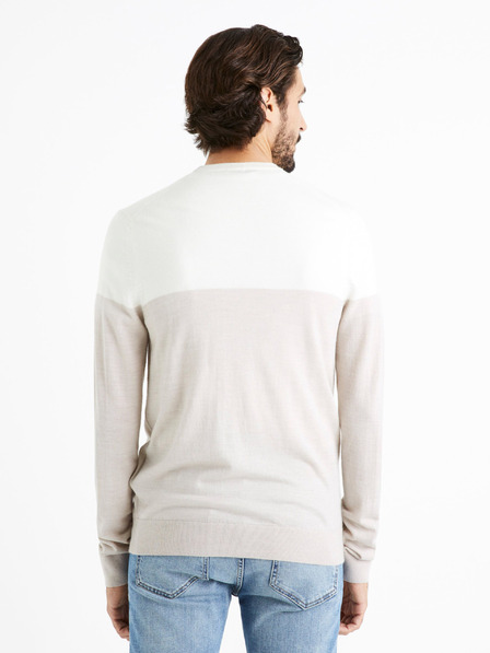 Celio Bielo-béžový pánsky sveter zo zmesi Merino vlny Celio Cemeribloc