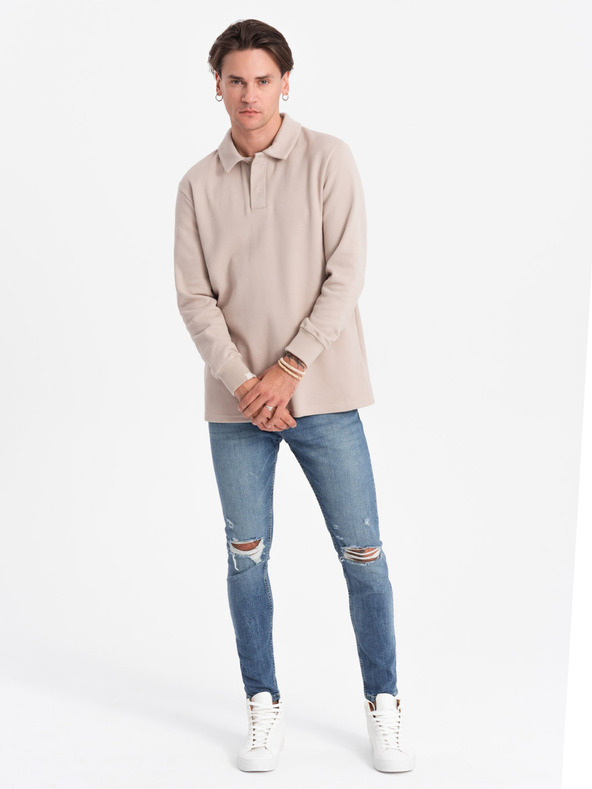 Ombre Clothing Béžová pánska mikina so základným golierom Ombre Oblečenie