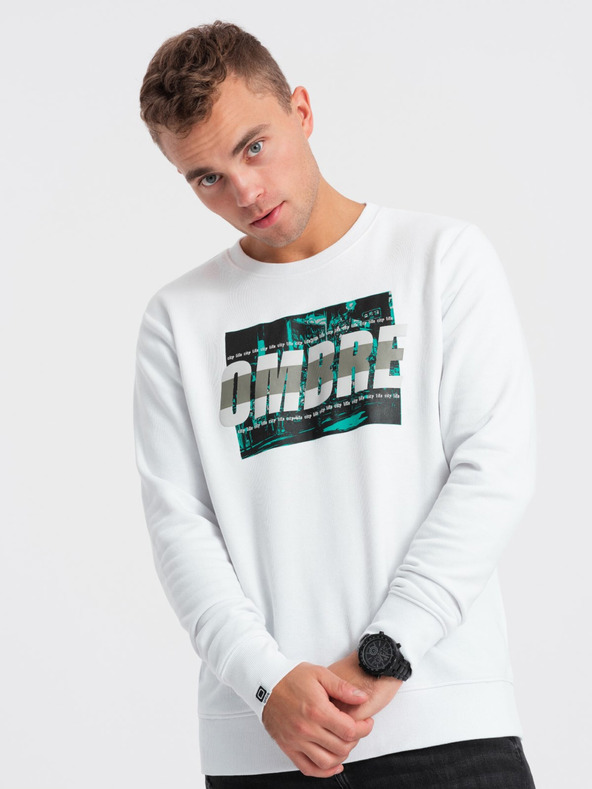 Ombre Clothing Biela pánska mikina s potlačou Ombre Clothing