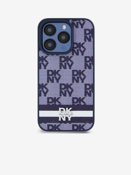DKNY PU kožený zadný kryt so šachovnicovým vzorom a pruhmi pre iPhone 15 Pro modrý DKNY