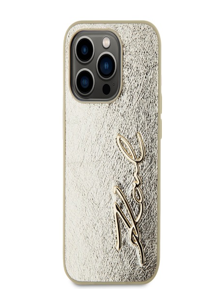 Karl Lagerfeld Zmačkaný zadný kryt PU Signature Logo pre iPhone 15 Pro Max Gold Karl Lagerfeld
