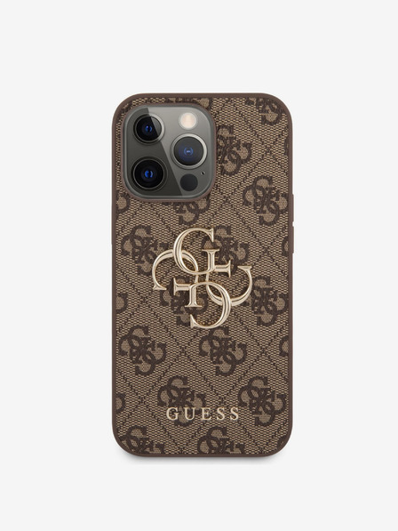 Guess Guess PU 4G Kovový zadný kryt s logom pre iPhone 13 Pro Max hnedý