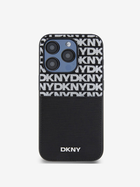 DKNY PU kožený zadný kryt s opakovaným vzorom vrecka na kartu pre iPhone 14 Pro Max Black DKNY