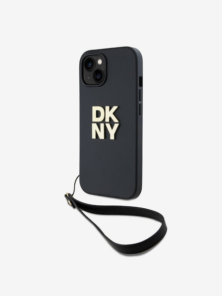 DKNY PU kožený zadný kryt s logom Stack Wrist Strap pre iPhone 14 čierny DKNY