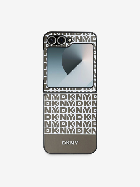 DKNY DKNY PU kožený zadný kryt s opakujúcim sa vzorom a prúžkom v spodnej časti pre Samsung Galaxy Z Flip 6 hnedý