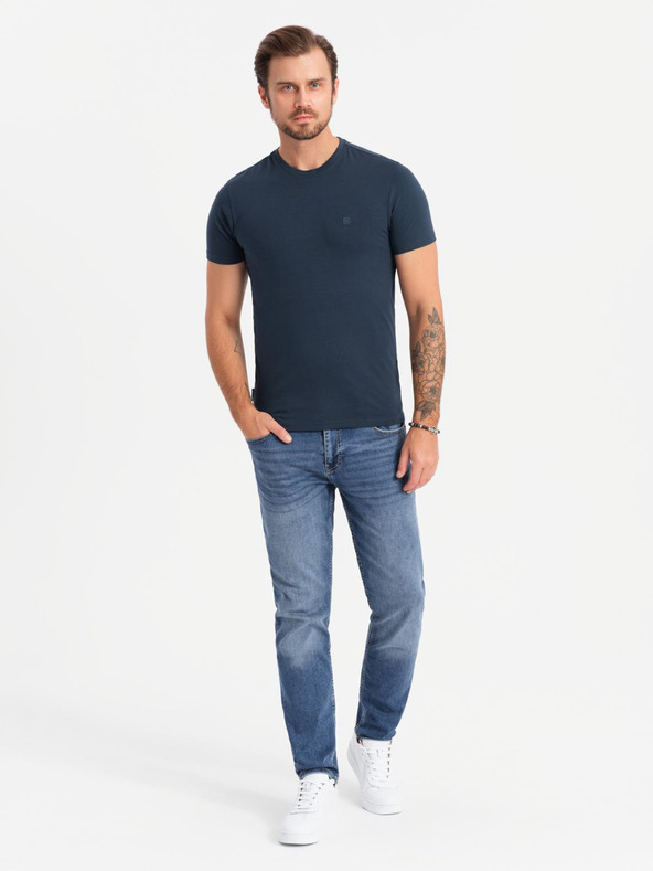 Ombre Clothing Pánske bavlnené tričko s trojfarebnou potlačou - biela a tmavomodrá V3 OM-TSCT-0174 Ombre Clothing
