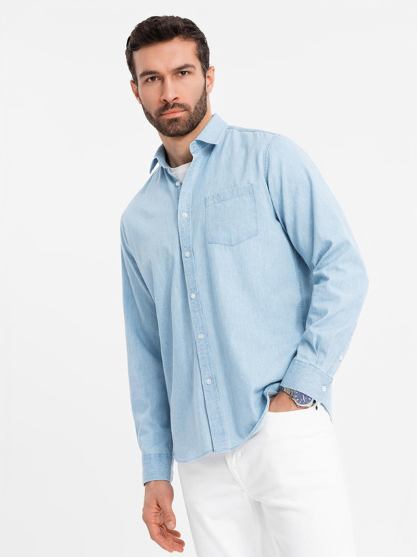 Ombre Clothing Pánska džínsová košeľa s vyšívaným vreckom - svetlomodrá Ombre Clothing