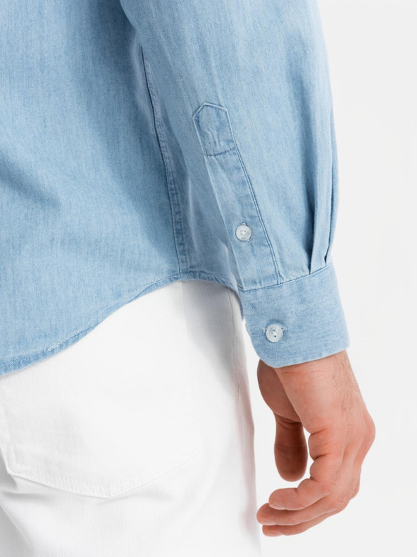 Ombre Clothing Pánska džínsová košeľa s vyšívaným vreckom - svetlomodrá Ombre Clothing