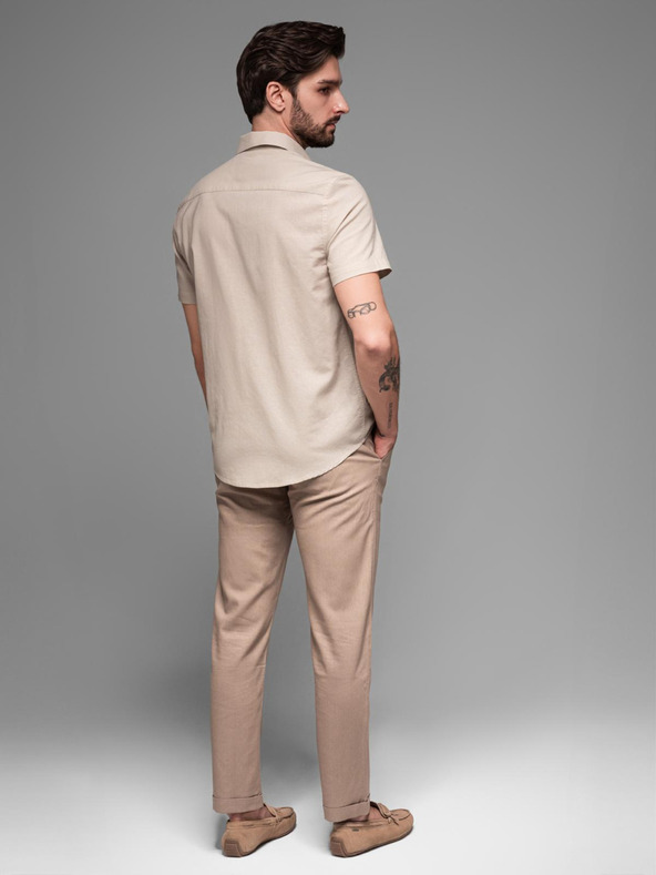 Ombre Clothing Pánska košeľa s krátkym rukávom a kubánskym golierom béžová Ombre Oblečenie