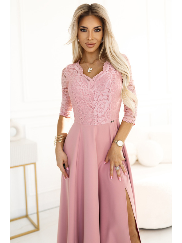 numoco Elegantné dlhé čipkované šaty s výstrihom Numoco