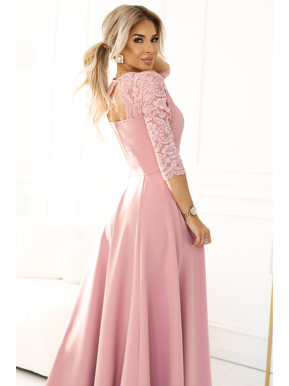 numoco Elegantné dlhé čipkované šaty s výstrihom Numoco