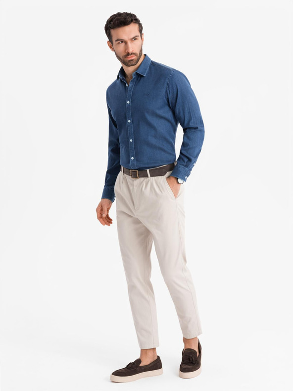 Ombre Clothing Pánska džínsová košeľa s lyocellom a výšivkou na hrudi Ombre Clothing