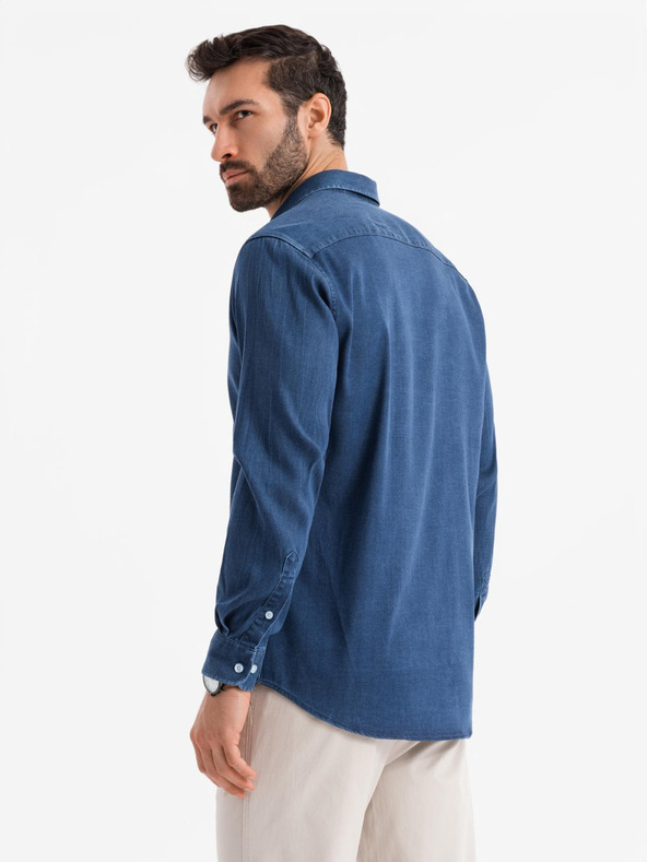 Ombre Clothing Pánska džínsová košeľa s lyocellom a výšivkou na hrudi Ombre Clothing