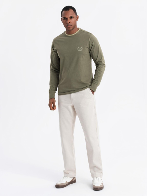 Ombre Clothing Pánske bavlnené tričko s dlhým rukávom, pruhovaným výstrihom do U a výšivkou Ombre Clothing