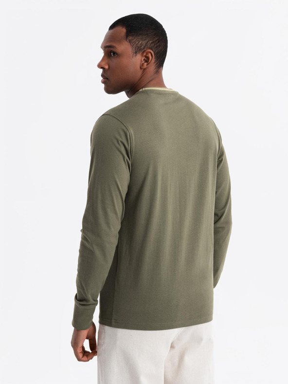 Ombre Clothing Pánske bavlnené tričko s dlhým rukávom, pruhovaným výstrihom do U a výšivkou Ombre Clothing
