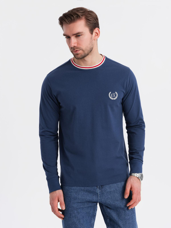 Ombre Clothing Pánske bavlnené tričko s dlhým rukávom, pruhovaným výstrihom do U a výšivkou Ombre Clothing