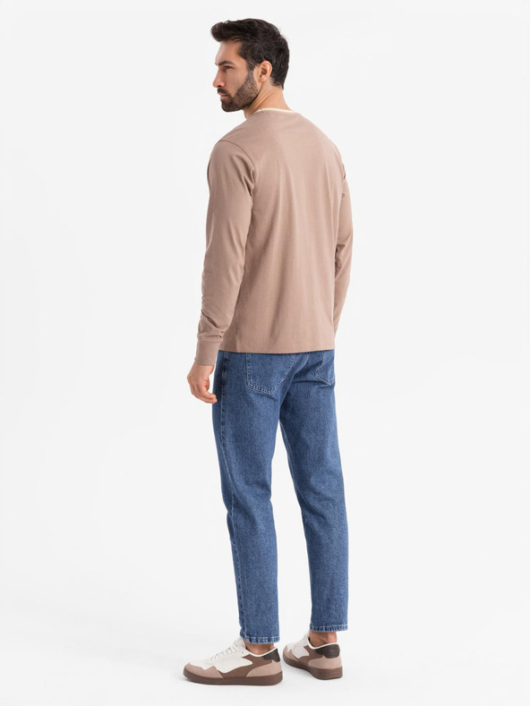 Ombre Clothing Pánske bavlnené tričko s dlhým rukávom, pruhovaným výstrihom do U a výšivkou Ombre Clothing