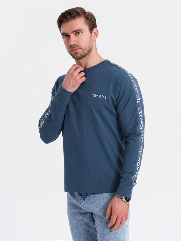 Ombre Clothing Pánske bavlnené tričko s dlhým rukávom a lemovaním a potlačou na hrudi Ombre Clothing