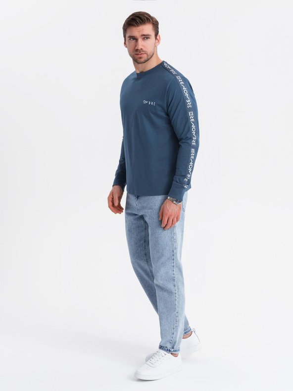 Ombre Clothing Pánske bavlnené tričko s dlhým rukávom a lemovaním a potlačou na hrudi Ombre Clothing