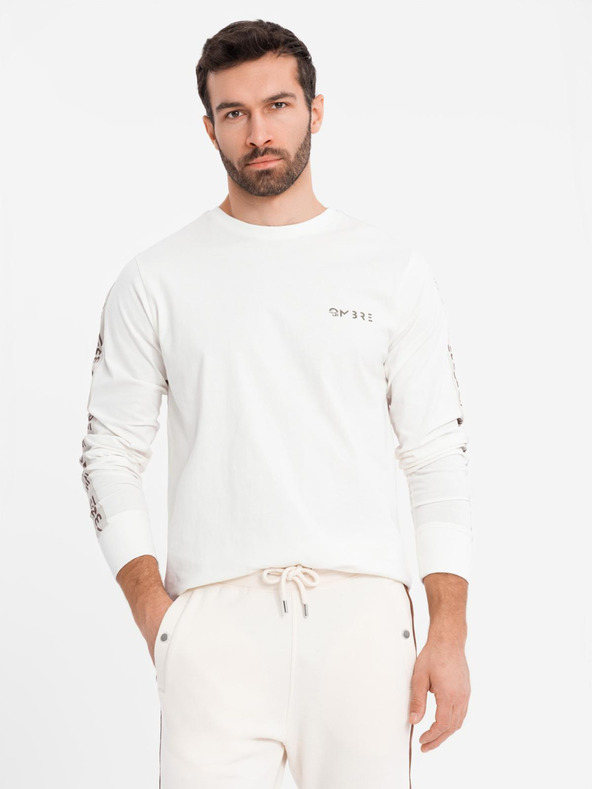 Ombre Clothing Pánske bavlnené tričko s dlhým rukávom a lemovaním a potlačou na hrudi Ombre Clothing