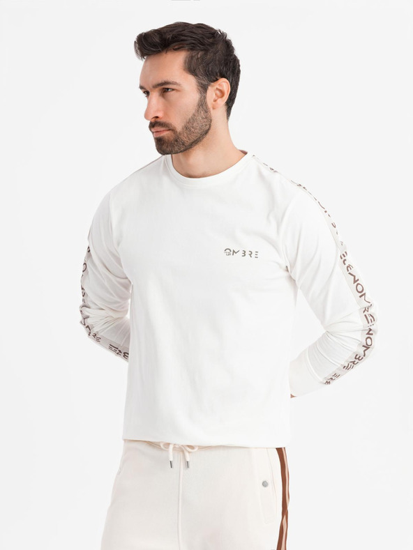 Ombre Clothing Pánske bavlnené tričko s dlhým rukávom a lemovaním a potlačou na hrudi Ombre Clothing