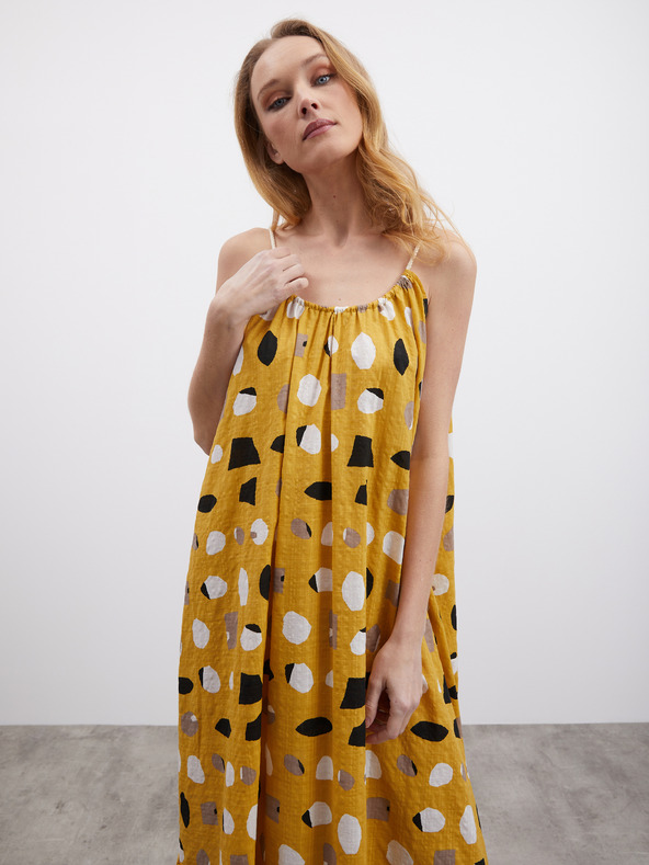 ZOOT.lab Horčicové dámske vzorované maxi šaty s volánom ZOOT.lab Grete