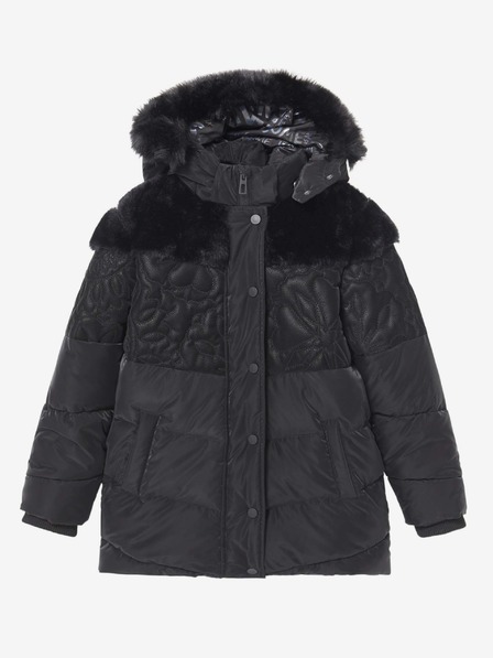 Desigual Čierna dievčenská vzorovaná zimná bunda s kapucňou a umelou kožušinou Desigual Kids Exteriér