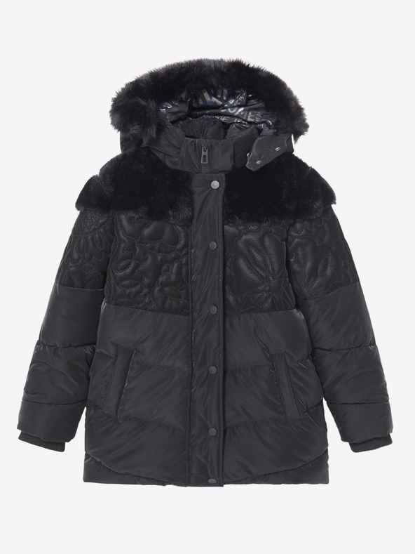Desigual Čierna dievčenská vzorovaná zimná bunda s kapucňou a umelou kožušinou Desigual Kids Exteriér