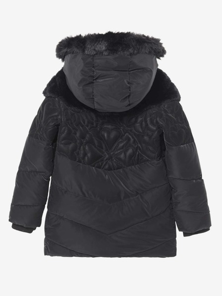 Desigual Čierna dievčenská vzorovaná zimná bunda s kapucňou a umelou kožušinou Desigual Kids Exteriér