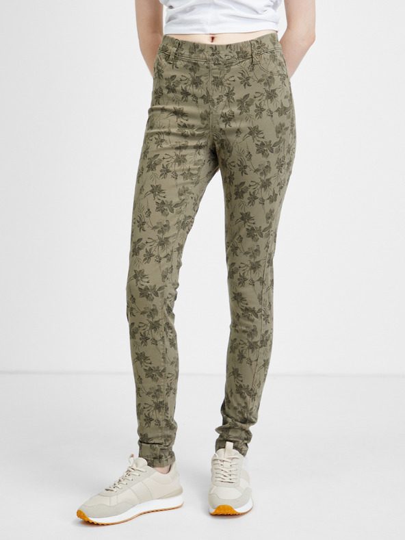 CAMAIEU Khaki vzorované slim fit nohavice CAMAIEU