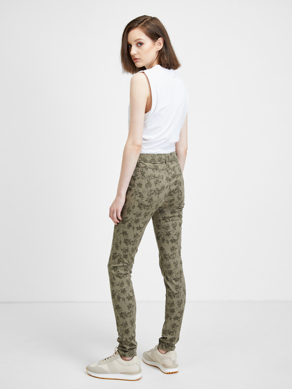 CAMAIEU Khaki vzorované slim fit nohavice CAMAIEU