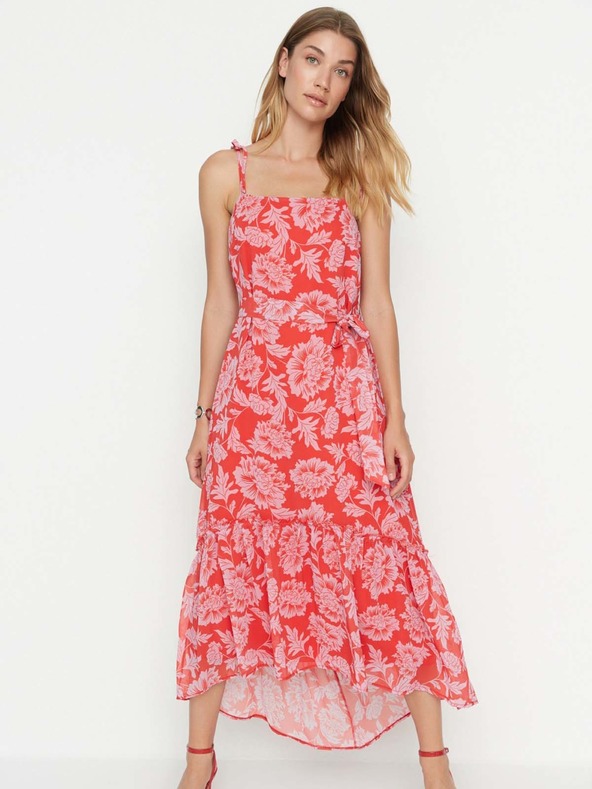 Trendyol Červené kvetinové strappy midi šaty Trendyol