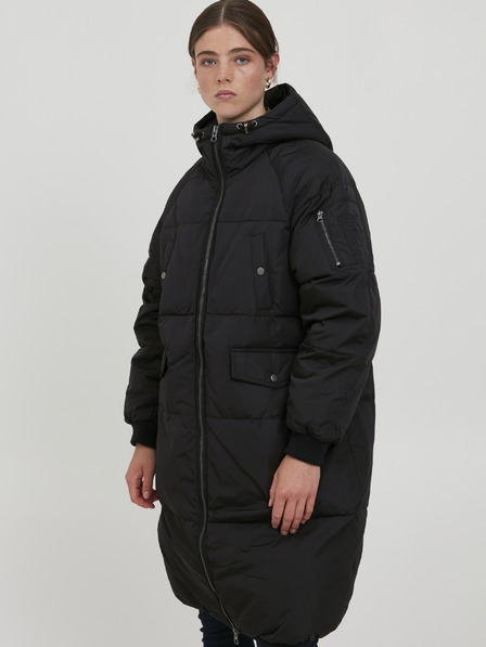 ICHI Čierny prešívaný oversize kabát s kapucňou ICHI