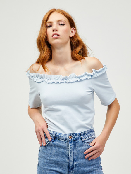 Pieces Svetlomodrý crop top s odhalenými ramenami Pieces Leah