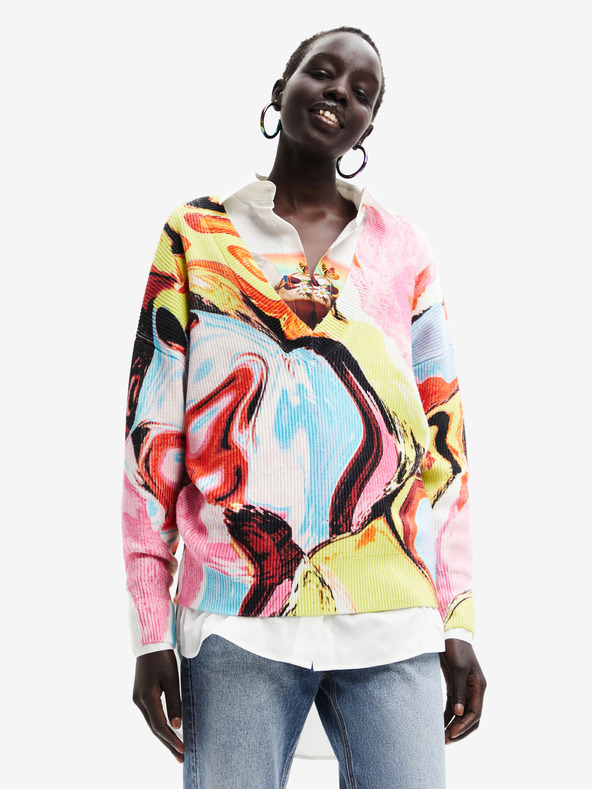 Desigual Žlto-ružový dámsky vzorovaný sveter Desigual Eugenia