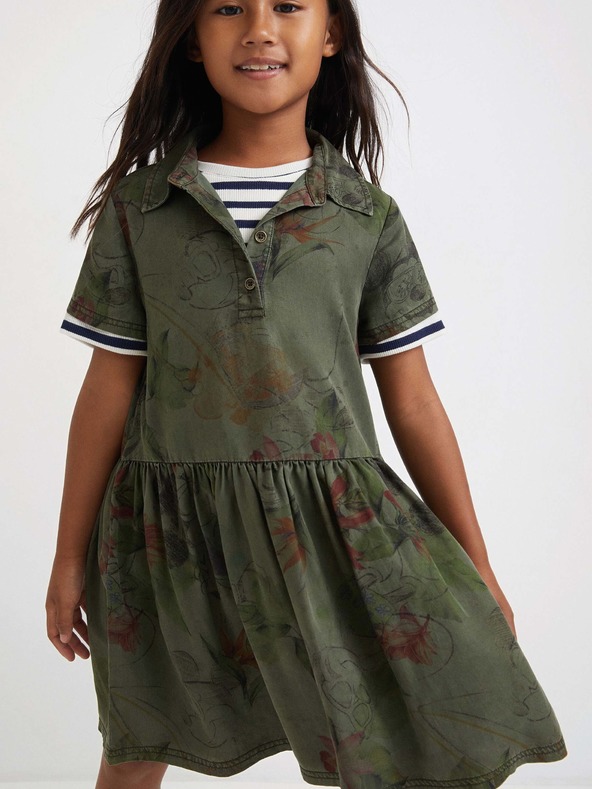 Desigual Khaki dievčenské vzorované šaty Desigual Mickey Camo Flower