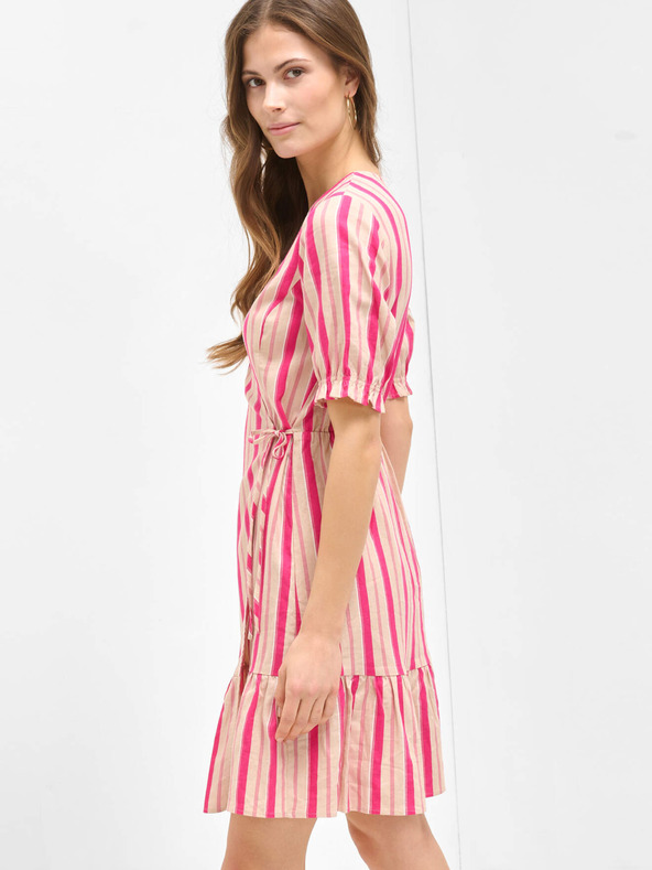 Orsay Ružové pruhované zavinovacie ľanové šaty ORSAY