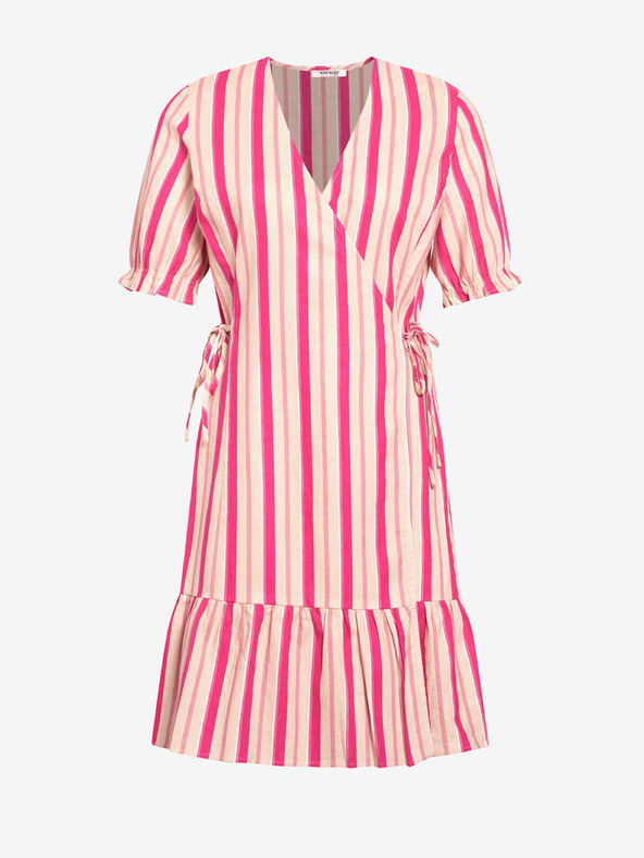 Orsay Ružové pruhované zavinovacie ľanové šaty ORSAY