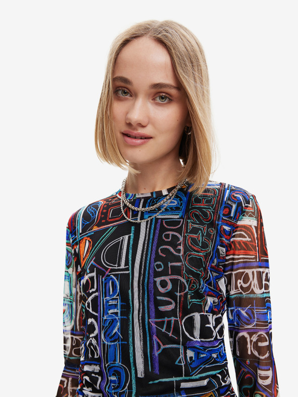 Desigual Modro-čierne dámske vzorované mini šaty bez rukávov Desigual Nápisy