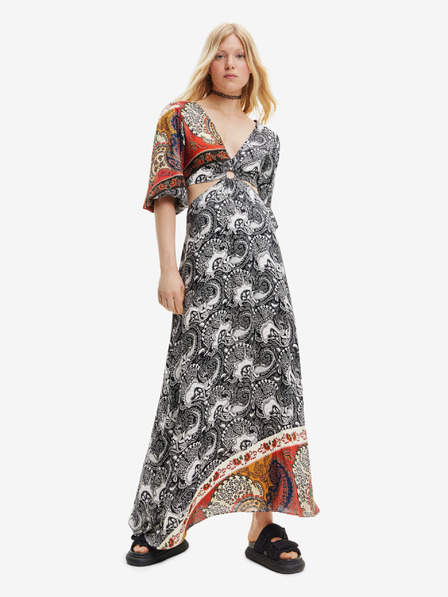 Desigual Bielo-čierne dámske vzorované maxi šaty s prestrihmi Desigual Sirsal