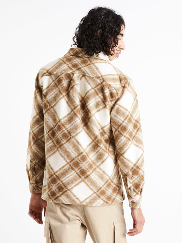 Celio Krémovo-hnedá pánska kockovaná košeľa Celio Caima