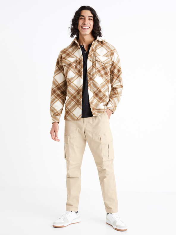 Celio Krémovo-hnedá pánska kockovaná košeľa Celio Caima