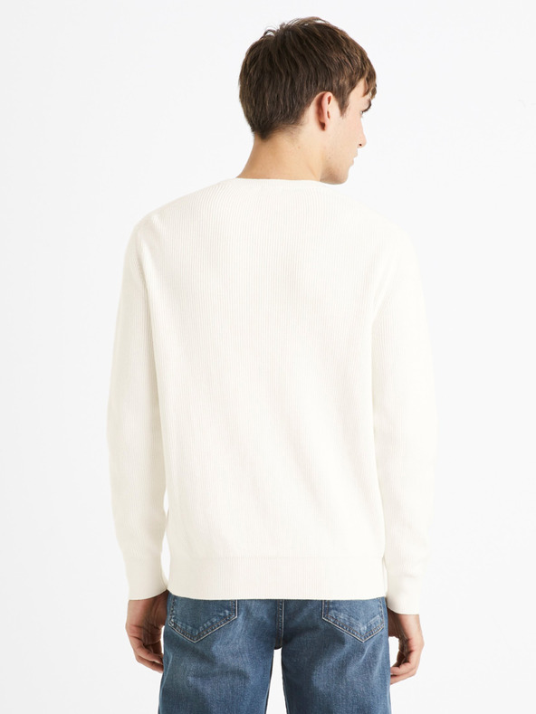 Celio Krémový pánsky rebrovaný základný sveter Celio Dexter